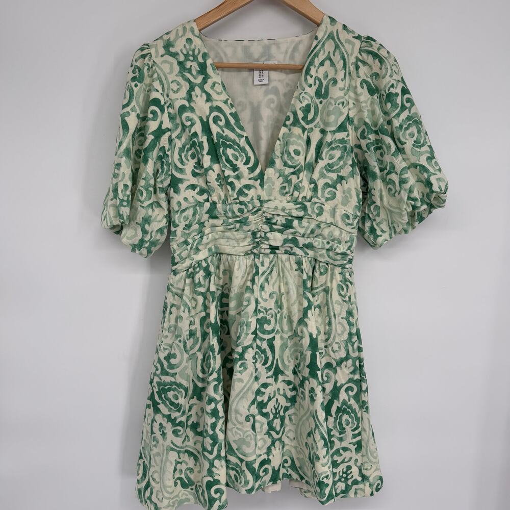 Christian Lacroix Dress Women's 6 Linen Deep V Neck Green &‎ Cream Old Money